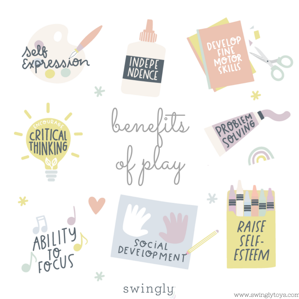 List of benefits of creative play. Kids can develop Self-expression, independence, problem solving, social development