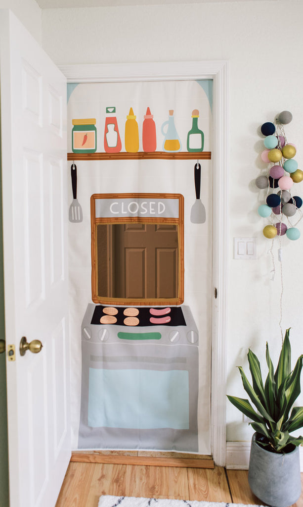 Entrepreneurial toys for kids ideas 2022 Pretend play food truck doorway storefront featuring illustration of a cooking stove top and condiments.